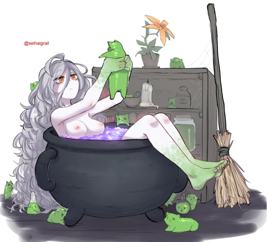 1girls bathing breasts broom candle cat cauldron curly_hair feet feet_up flower light_skin long_hair magic medium_breasts mutation orange_eyes pale-skinned_female pale_skin popopoka potion slime solo_female water white_background white_hair