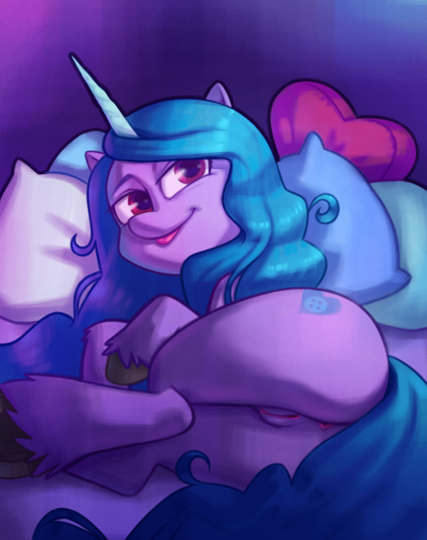 2021 anus aoncyth ass blue_hair cutie_mark equid equine female feral fur genitals hair hasbro hi_res horn humanoid_genitalia humanoid_pussy izzy_moonbow_(mlp) lying mammal mlp_g5 my_little_pony nude on_side pillow presenting presenting_hindquarters purple_body purple_fur pussy solo tongue tongue_out unicorn unicorn_horn