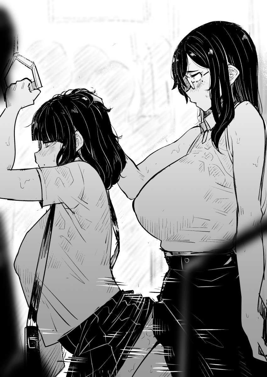 1futa 1girls absurdres bag big_breasts blush breasts clothed clothing covered_nipples duo elf exhibitionism female futa_on_female futa_with_female futanari glasses greyscale hand_on_another's_head handbag highres huge_breasts human humanoid implied_futanari long_hair mistimagi mistimagi_(character) monochrome mostly_clothed original pointy_ears public public_sex public_transportation sex side_view sideboob skirt sleeveless standing stealth_sex sweat train train_interior