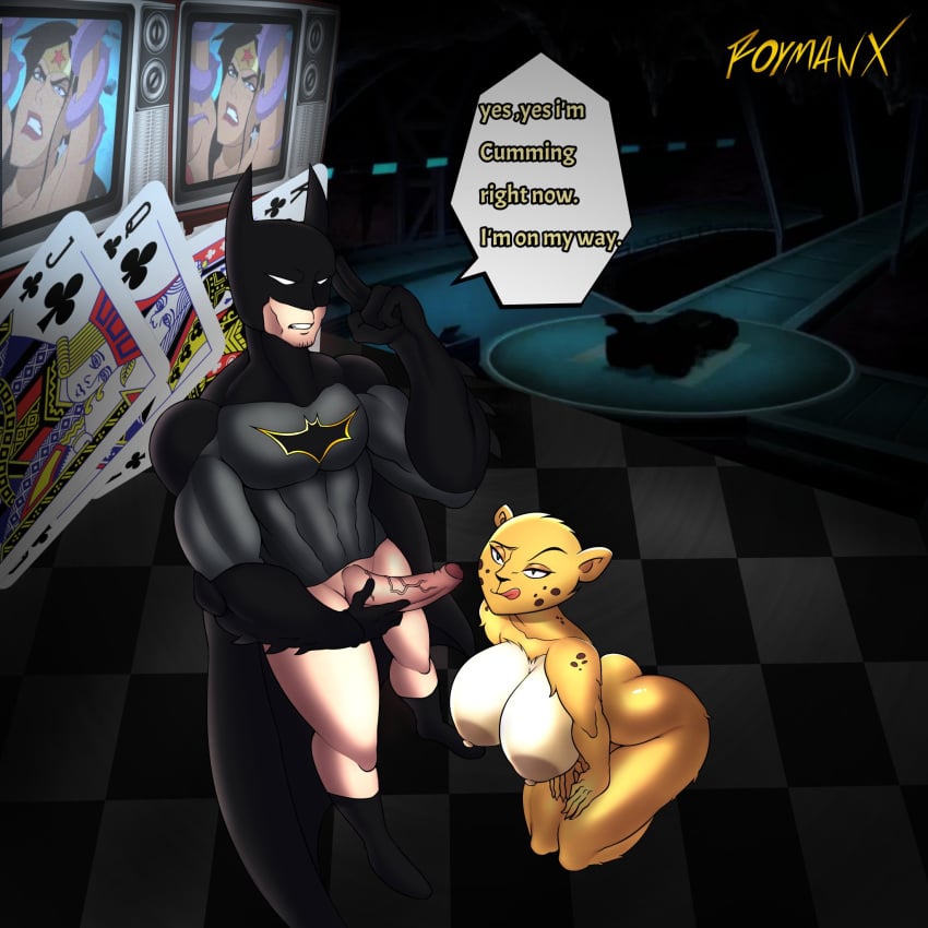 1:1 2021 abs anthro areola artist_name ass batman batman_(series) biceps big_areola big_breasts big_butt big_penis bottomless bottomless_human bottomless_male breasts brown_body brown_fur brown_spots bruce_wayne cape cheetah cheetah_(dc) clothed clothing curvy_figure dc dc_comics dcau detailed_background dialogue digital_media_(artwork) duo english_text eyelashes felid feline female female_on_human fingers fur genitals gloves handwear hi_res hourglass_figure huge_areolae huge_breasts huge_butt huge_cock human human_on_anthro inside interspecies kneeling male male/female male_on_anthro mammal multicolored_body multicolored_fur muscular muscular_human muscular_male nipples nude pecs penis pupils roymanx slit_pupils smile spots spotted_body spotted_fur standing tan_body tan_skin teeth text thick_thighs tongue tongue_out two_tone_body two_tone_fur vein veiny_penis voluptuous white_body white_fur wide_hips wonder_woman wonder_woman_(series) yellow_body yellow_fur