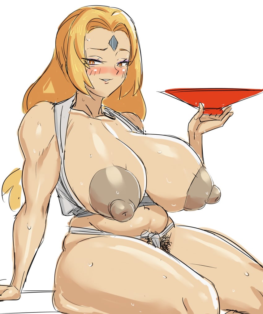 1girls blonde_hair blush dark_areola female female_only hairi huge_breasts looking_at_viewer naruto naruto_(series) naruto_shippuden plump pubic_hair sake_dish solo thick_thighs tsunade