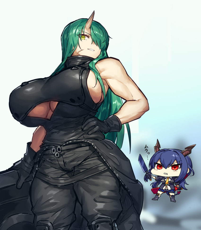 arknights big_breasts ch'en_(arknights) cleavage curvy demon_girl green_hair hair_over_one_eye hand_on_hip hoshiguma_(arknights) huge_breasts long_hair melon22 muscular muscular_female oni oni_horns pale-skinned_female pale_skin single_horn underboob underboob_cutout