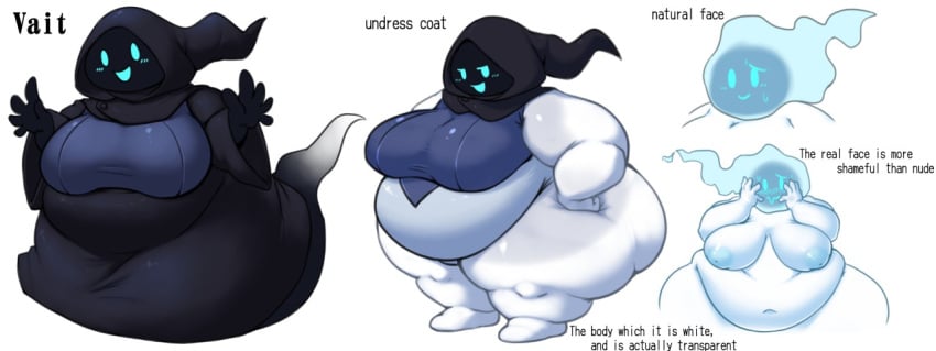 areola bad_english belly bodily_fluids clothing embarrassed english_text female ghost glowing glowing_eyes glowing_face glowing_mouth hood model_sheet nude obese overweight robe spirit ssbbw sweat text thick_thighs vait wide_hips x_no_na_x yosioka_san