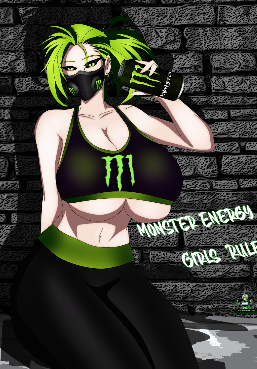 big_breasts breasts female green_eyes green_hair monster-chan monster_energy monster_energy-chan monster_energy-san monster_energy_drink noir-black-shooter oc original original_character sports_bra sportswear urban_monster_energy_girl