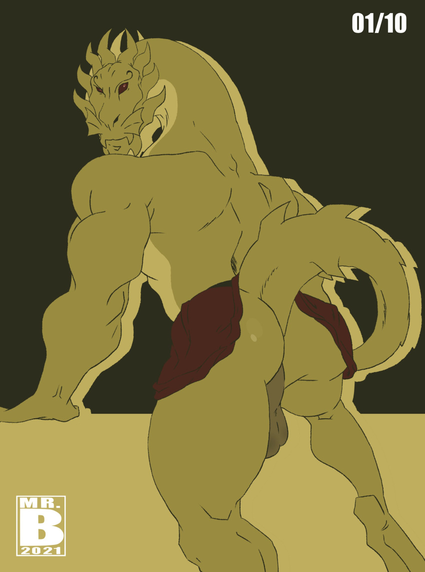 2021 absurd_res anthro anthro_only ass balls bottomwear clothing demon dragon flashing genitals hi_res jackie_chan_adventures loincloth looking_at_viewer male male_only mrsb muscular presenting raised_tail red_eyes shendu solo