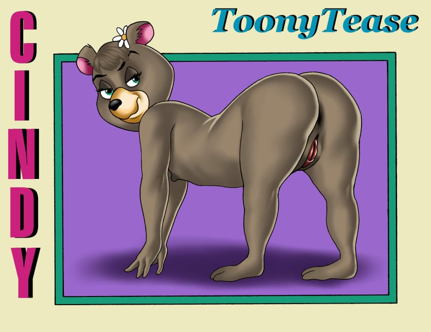 1girls anthro ass bear bending_over blue_eyes butt cindy_bear erect_nipples female flat_chest flower_in_hair furry grey_fur hanna-barbera presenting presenting_hindquarters pussy solo toonytease ursa ursid ursine yogi_bear