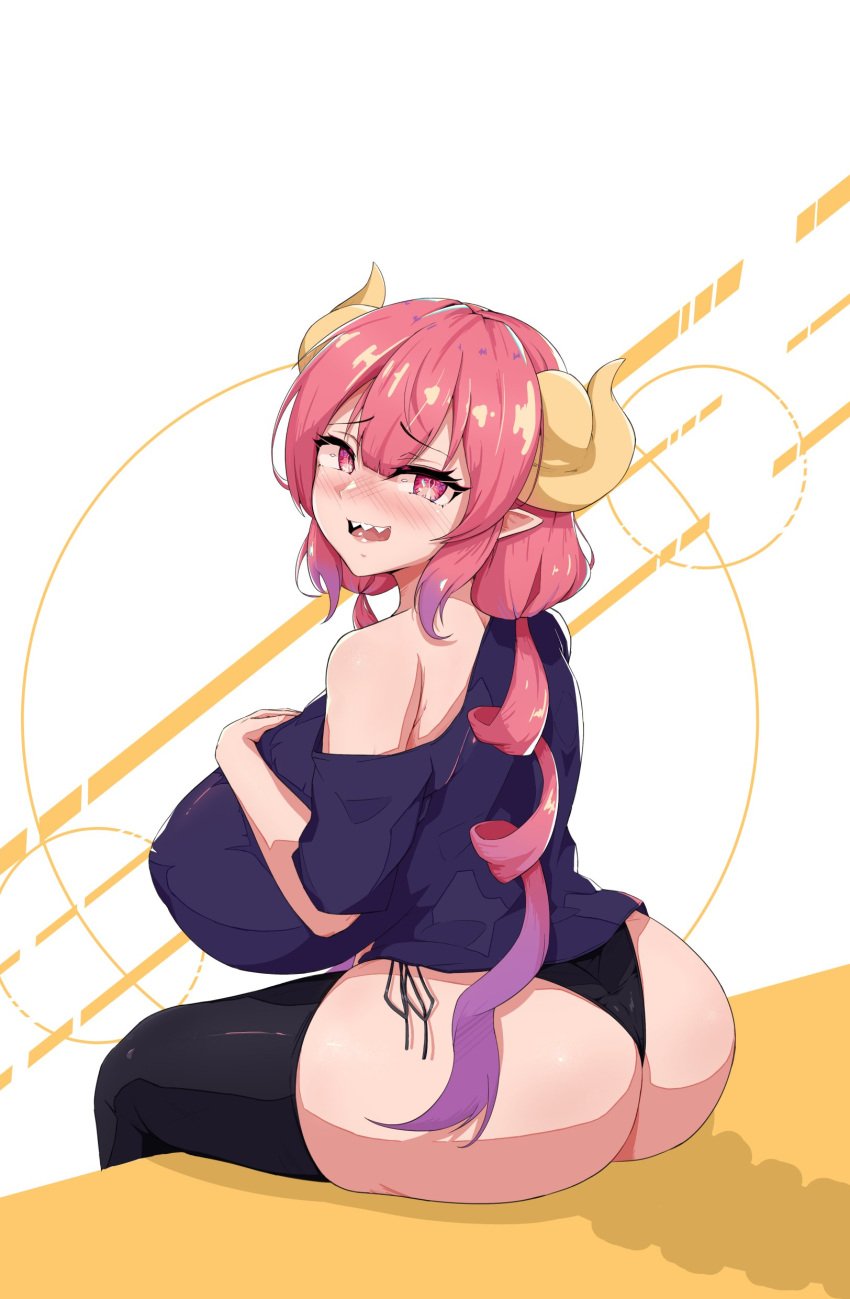 1girls ass b1ackgoldsaw big_ass big_breasts blush breasts eye_contact female horns huge_breasts ilulu_(dragon_maid) large_breasts looking_at_viewer miss_kobayashi's_dragon_maid monster_girl pointy_ears red_eyes red_hair sharp_teeth sitting solo thick_thighs thighhighs thighs