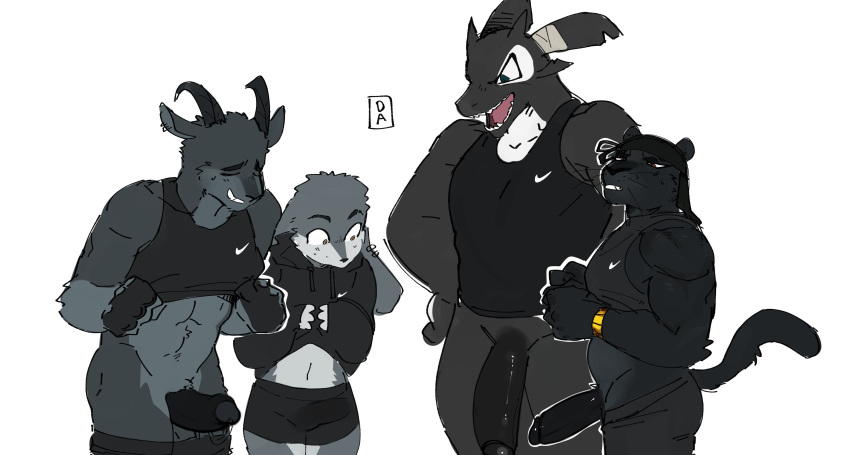 absurd_res alternate_species anthro black_body black_fur blush bottomless bovid caprine clothed clothing comparing comparing_penis do-rag ear_piercing ear_ring erection erection_under_clothing felid fur goat goon_(goonie_san) goonie-san grey_body grey_fur group hi_res horn lagomorph leporid male mammal marine melanistic navel pantherine piercing rabbit scar smile square_crossover