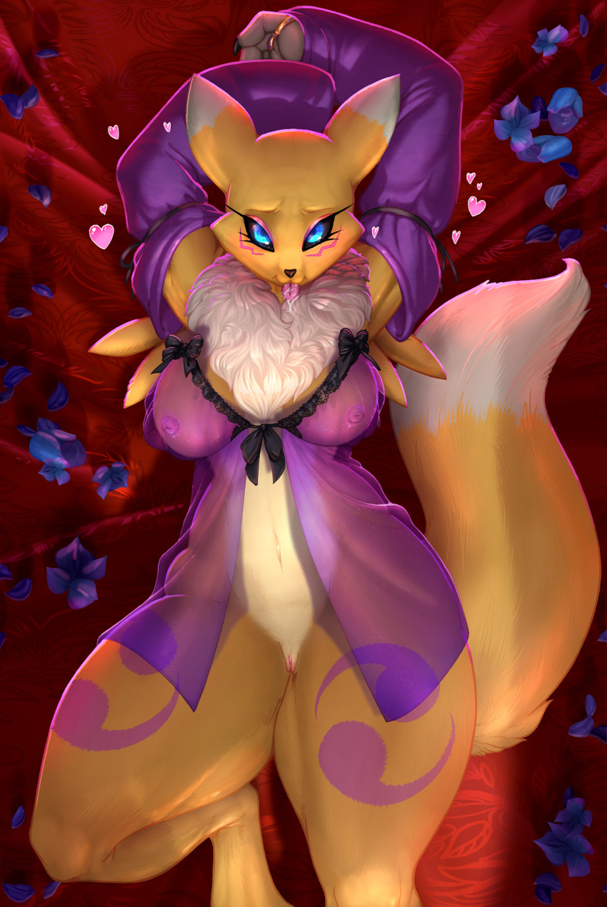 anthro babydoll bandai_namco big_breasts bodily_fluids bottomless breasts clothed clothing curvy_figure david_delanty digimon digimon_(species) drooling female fur genitals heart hi_res longinius negligee nightgown nipples pussy renamon saliva solo thick_thighs tongue tongue_out voluptuous wide_hips yellow_body yellow_fur