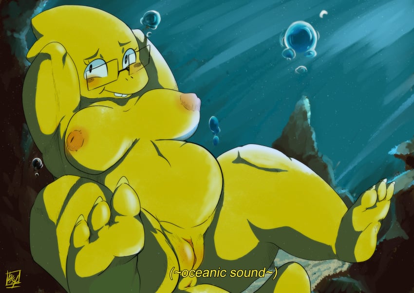 2021 3_toes absurd_res alphys anthro anus big_breasts blush breasts buckteeth claws colored deep_navel deltarune digital_drawing_(artwork) digital_media_(artwork) dimples english_text eyelashes eyewear eyewear_only feet female genitals glasses glasses_only hi_res huge_breasts lizard looking_aside navel nipples non-mammal_breasts non-mammal_nipples nude overweight overweight_anthro overweight_female pinup plantigrade pose pussy reptile scales scalie shortstack smile soles solo subtitled sylverow0 teeth text toe_claws toes undertale undertale_(series) underwater video_games water yellow_body yellow_scales