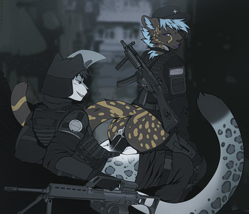 2021 absurd_res angiewolf anthro anthro_on_anthro anthro_penetrated anthro_penetrating anthro_penetrating_anthro armor black_spots digital_media_(artwork) duo felid fur g36 grey_body grey_fur heckler_and_koch hi_res male male/male male_penetrated male_penetrating male_penetrating_male mammal mp5 pantherine penetration sex smile snow_leopard spots spotted_body spotted_fur weapon