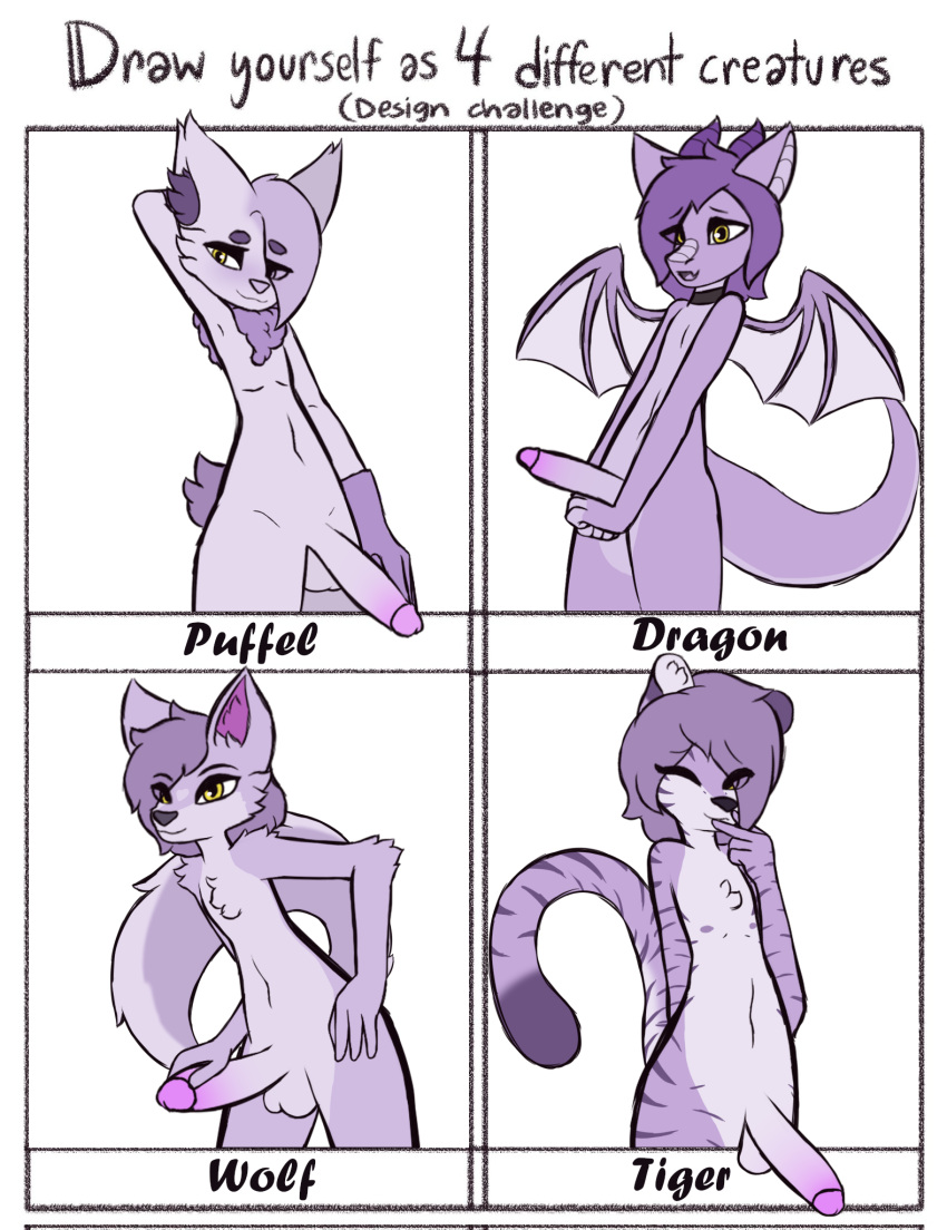 alternate_species anthro balls blush canid canine canis dane_(max_draws) dragon english_text erection felid fur genitals girly hi_res holding_penis humanoid_genitalia humanoid_penis male mammal max_draws pantherine penis puffel purple_body purple_fur solo text tiger wings wolf