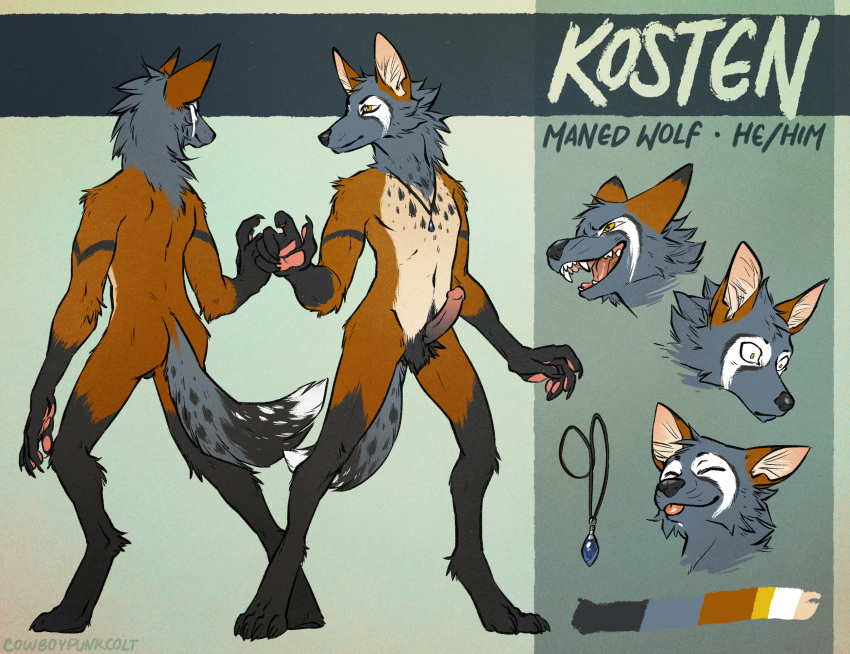 anthro arm_markings athletic balls blep canid canine expressions genitals hi_res jewelry kosten male mammal maned_wolf markings model_sheet muted_color necklace pawpads penis pose scared smile solo tongue tongue_out zanity