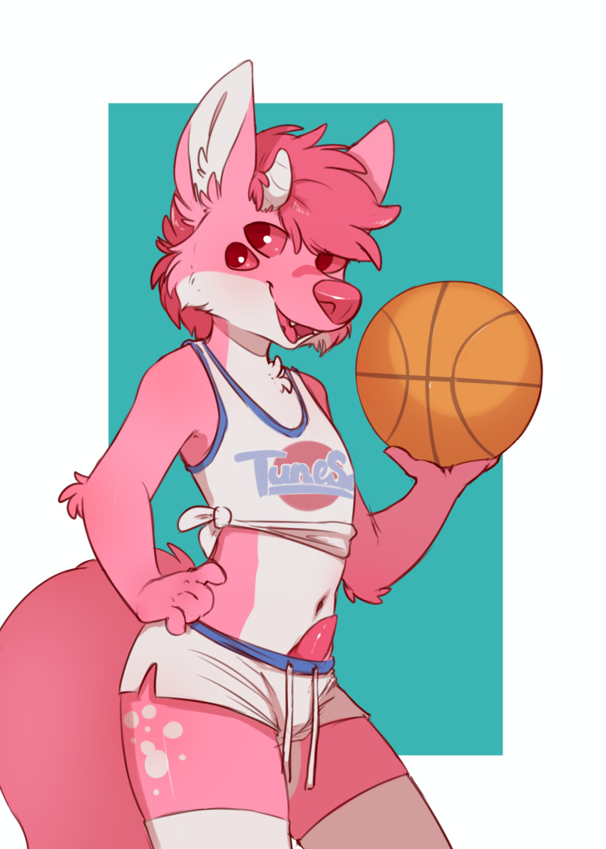 2019 anthro ball basketball_(ball) bottomwear cheek_tuft chest_tuft clothing conditional_dnp digital_media_(artwork) elbow_tufts elijah-draws erection facial_tuft fur genitals hi_res holding_object horn inner_ear_fluff looking_at_viewer male midriff multicolored_body multicolored_fur navel open_mouth open_smile penis pink_body pink_fur portrait shorts smile solo three-quarter_portrait tuft two_tone_body two_tone_fur white_body white_fur