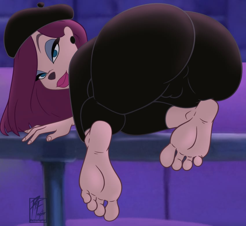 2021 4_toes all_fours anthro ass beret beret_girl butt_focus cameltoe canid canine canis clothing disney disney_channel domestic_dog feet female foot_focus goof_troop hat headgear headwear hi_res humanoid_feet looking_at_viewer looking_back mammal retrofaptor soles solo tight_clothing toes