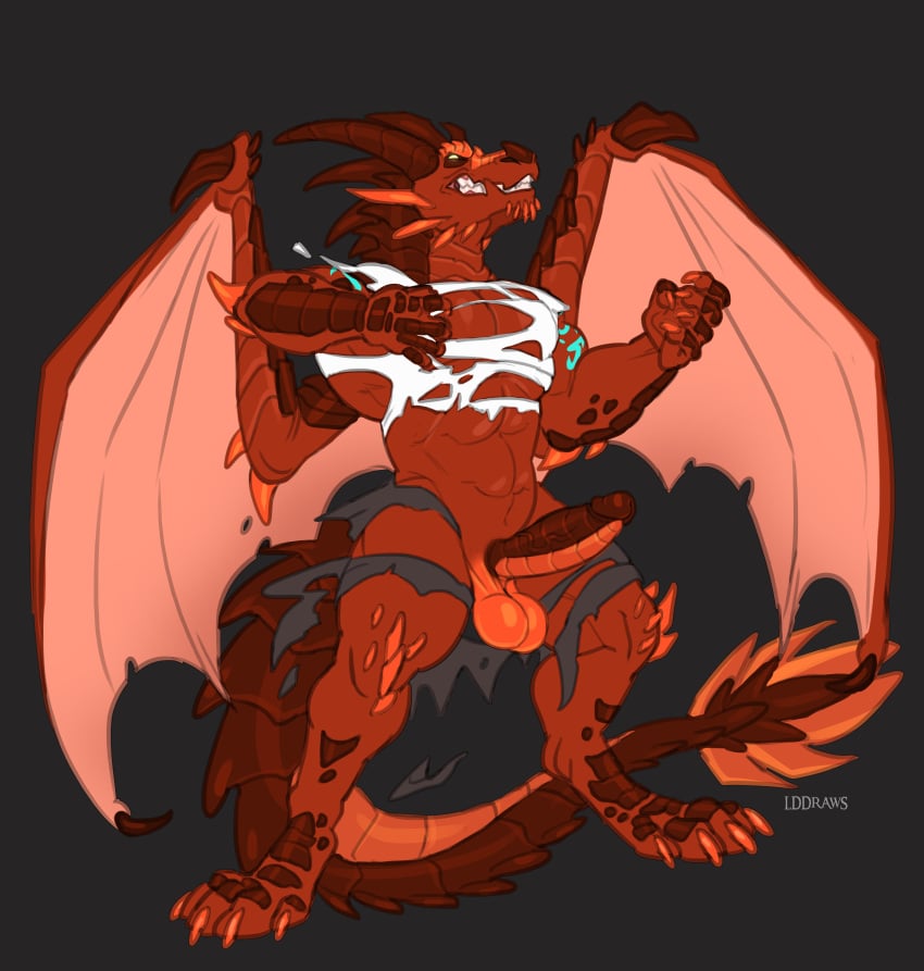 absurd_res anthro balls claws clothing dragon genitals hi_res horn lddraws male reptile scaled_penis scalie solo spread_wings tearing_clothing torn_clothing western_dragon wings