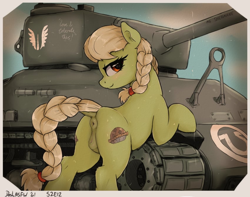 2021 animal_genitalia animal_pussy anus ass assault_rifle cutie_mark digital_media_(artwork) dock dosh earth_pony english_text equid equine equine_pussy eyelashes female feral friendship_is_magic genitals granny_smith_(mlp) granny_smith_(young) gun hasbro hi_res horse looking_at_viewer m4 m4_sherman mammal mlp_g5 my_little_pony pony pussy ranged_weapon rifle sherman_(tank) smile solo tank text vehicle weapon