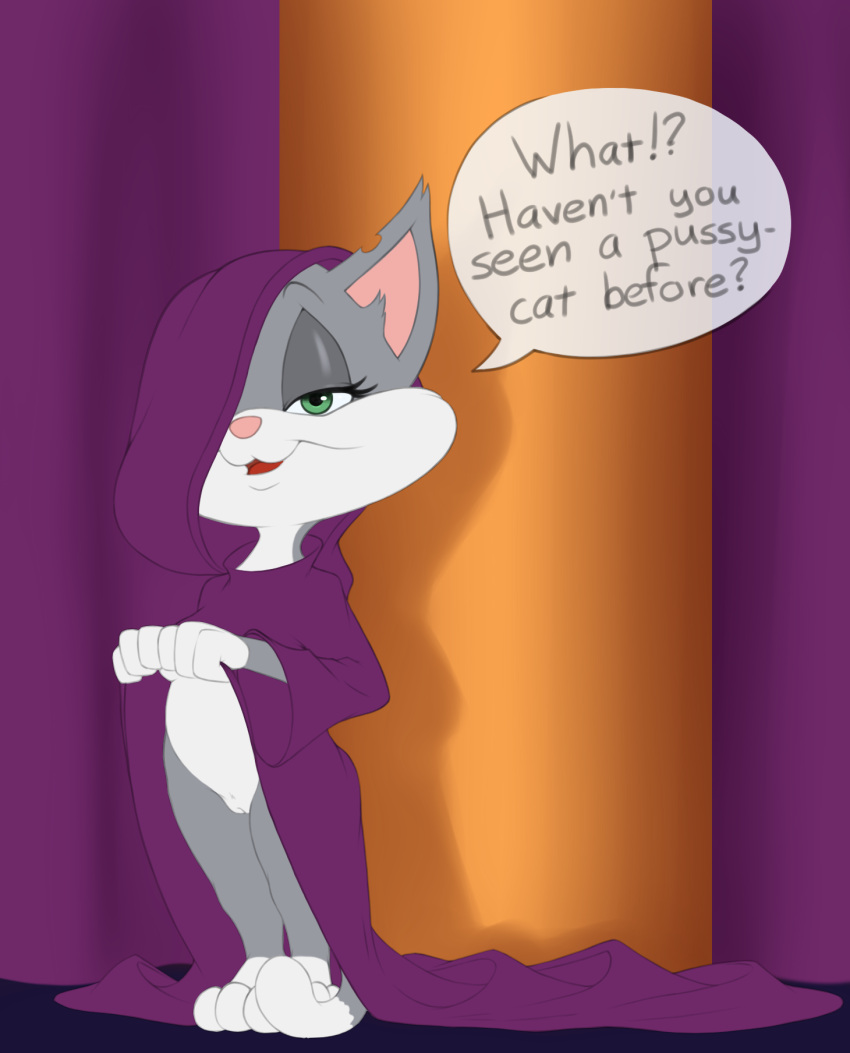 2021 animaniacs anthro bedroom_eyes billboi cleft_of_venus clothed clothing clothing_lift dialogue domestic_cat dress dress_lift english_text felid feline felis female full-length_portrait fur genitals grey_body grey_fur hi_res looking_at_viewer mammal narrowed_eyes no_underwear notched_ear one_eye_obstructed portrait presenting presenting_pussy purple_clothing purple_dress pussy rita_(animaniacs) seductive solo speech_bubble standing talking_to_viewer text warner_brothers