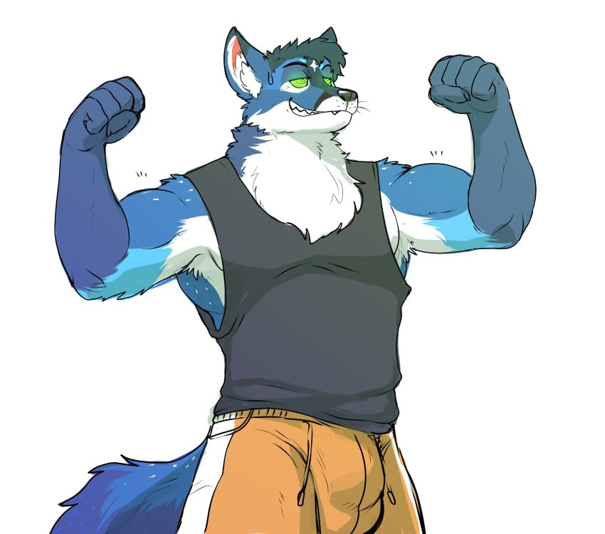 1boy anthro atlas bottomwear bulge canid canine clothed clothing flexing flexing_bicep flexing_muscles fox fur gym_bottomwear gym_clothing gym_shorts hi_res hyenaface hypnosis hypnotic_eyes jock male male_only mammal mind_control muscle_tone muscular muscular_anthro presenting raised_arms shirt shorts showing_teeth smug smug_face solo spiral_eyes tank_top topwear