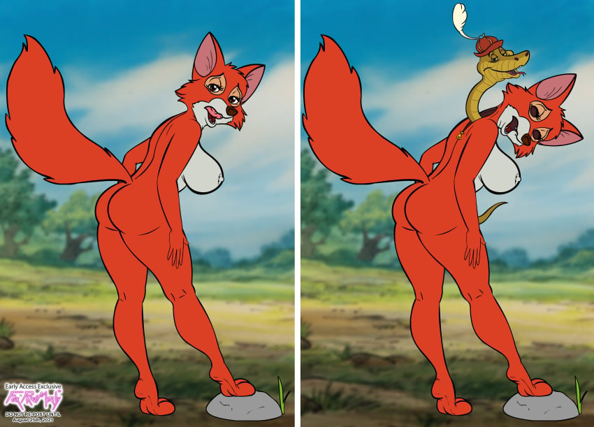 absurd_res anthro canid canine clothing costume detailed_background disney english_text female fox foxpawmcfly fursuit hi_res maid_marian mammal nipples reptile robin_hood_(disney) rock scalie signature sir_hiss snake solo text zipper