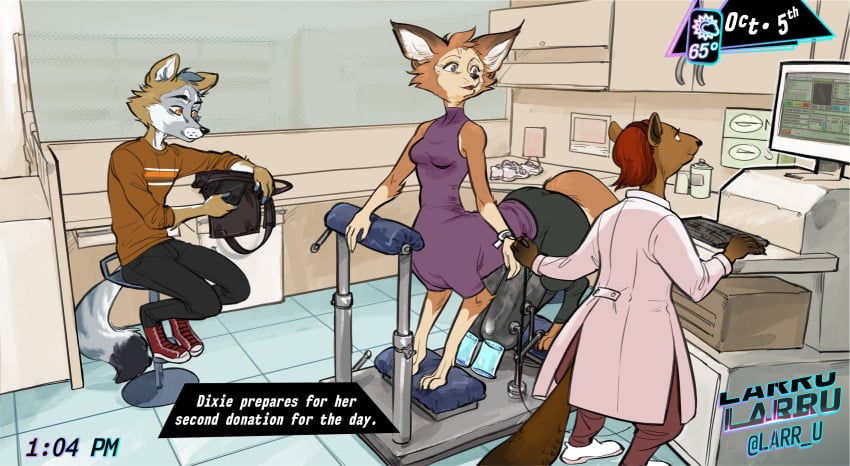 anthro bottomwear breasts canid canid_taur canine canine_taur casual clothing coat diphallia diphallism dixie_seterdahl electronics english_text female fox fox_taur furgonomics futanari group hi_res intersex lab_coat larru-larru machine male mammal mammal_taur milking_machine multi_penis pants penis public rodent sciurid taur text topwear