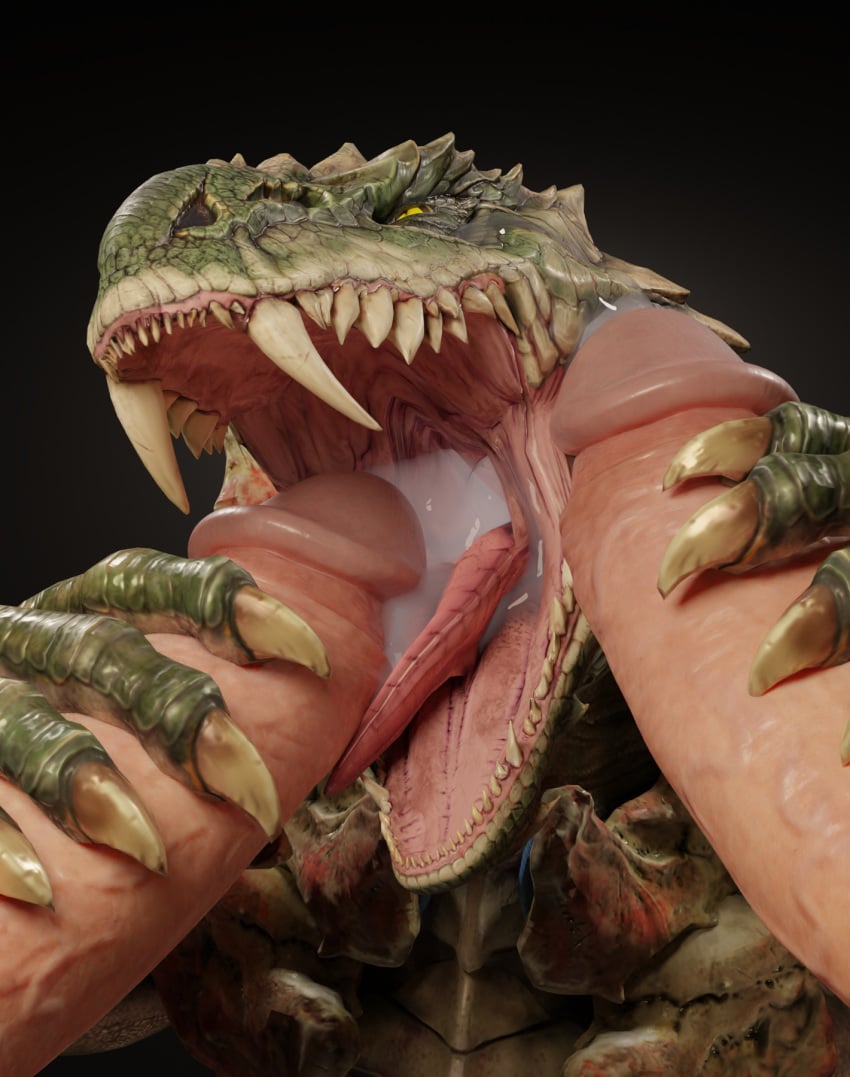 3d_(artwork) anthro anthro_penetrated armor bodily_fluids claws cum cum_in_mouth cum_inside digital_media_(artwork) disembodied_penis ejaculation erection fangs fellatio genital_danger_play genital_fluids genitals group group_sex handjob hi_res human human_on_anthro humanoid_genitalia humanoid_penis interspecies lizard male mammal open_mouth oral oral_penetration penetration penile penis penis_on_face quake quake_champions reptile reptilligator scalie sex simple_background sorlag teeth threesome tongue tongue_out video_games