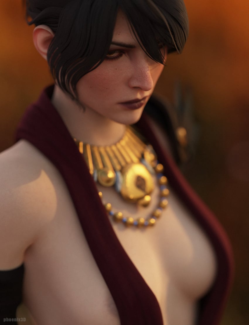 1girls 3d bioware blender cleavage dragon_age dragon_age_inquisition female female_only hair_over_one_eye light-skinned_female morrigan_(dragon_age) nipple_slip phoenix3d small_breasts solo solo_female sorceress view_from_above