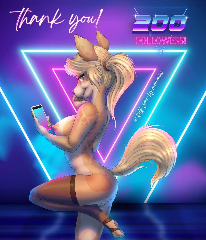 absurd_res anthro blonde_hair canid canine cellphone clothing female fur graphicdemon hair hi_res legwear mammal memonius nipples phone pinup pose shy solo stockings synthwave yellow_body yellow_fur yiff_zone