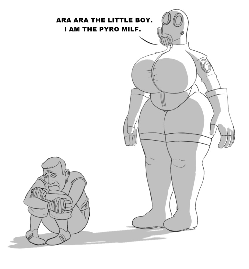 1boy 1girls ara_ara belly bodysuit breast english_text female female_focus fempyro gas_mask herroverdober hips large_breasts male meme monochrome pyro pyro_(team_fortress_2) rule_63 scared scout scout_(team_fortress_2) shitpost short_hair smiling_kneecaps standing_there_menacingly stomach team_fortress_2 text thick_thighs thighs thousand_yard_stare valve