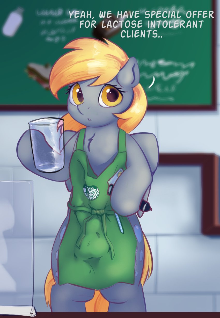 absurd_res apron apron_only balls_outline bulge clothing derpy_hooves drafthoof english_text feral friendship_is_magic futanari genital_outline green_apron hasbro hi_res i_mean_breast_milk iced_latte_with_breast_milk iced_latte_with_dick_milk intersex meme mostly_nude my_little_pony penis_outline public solo starbucks text