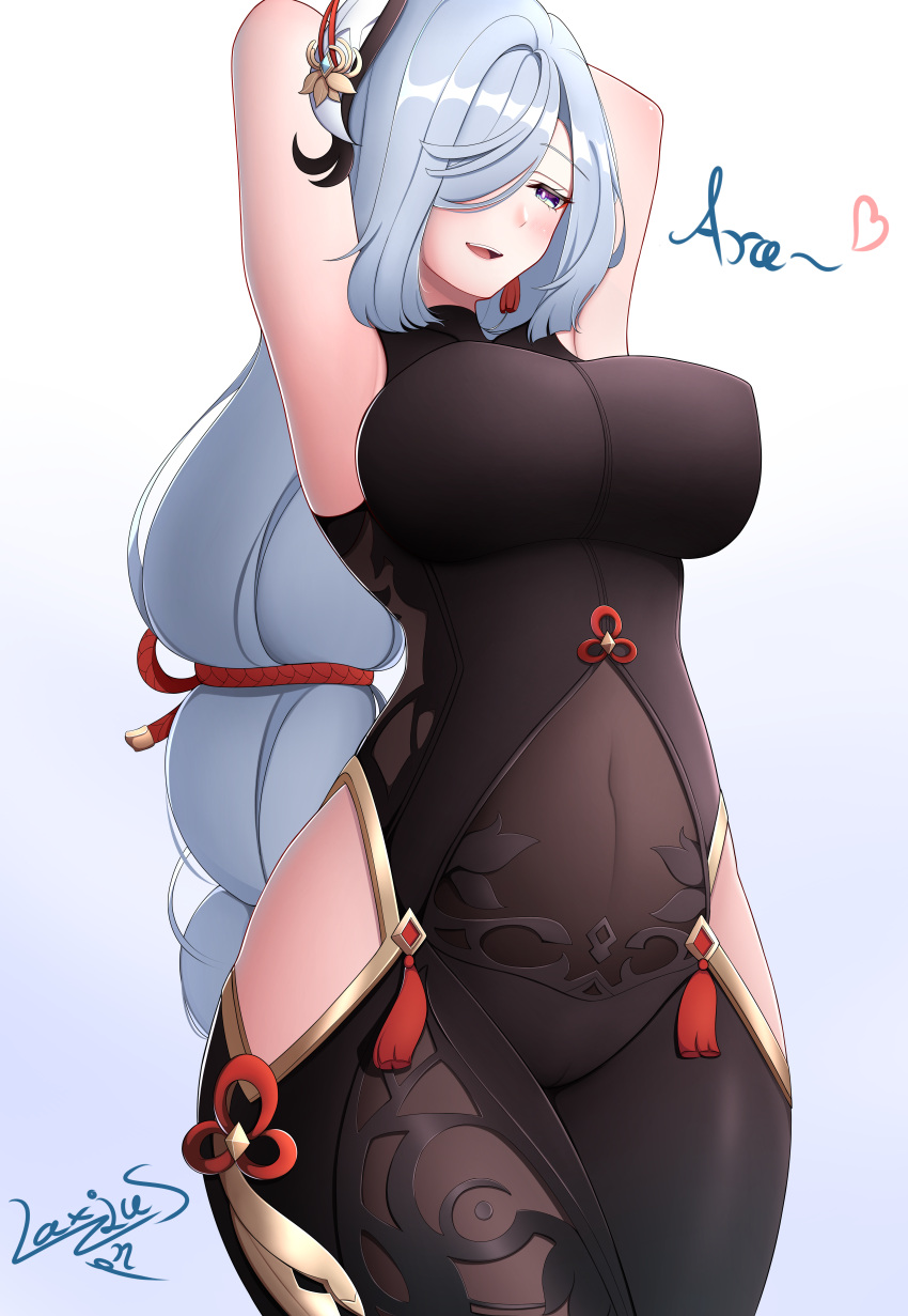 1girls absurd_res armpits arms_behind_head arms_up belly_button big_breasts black_bodysuit blue_eyes blush bodysuit braid braided_hair breasts female genshin_impact hair_ornament hair_over_one_eye hi_res highres hips huge_breasts large_breasts laxiusart long_hair looking_down midriff mouth_open open_mouth plain_background purple_eyes see-through see-through_clothing shenhe_(genshin_impact) simple_background small_waist solo text thick thick_thighs thighs waist white_background white_hair wide_hips