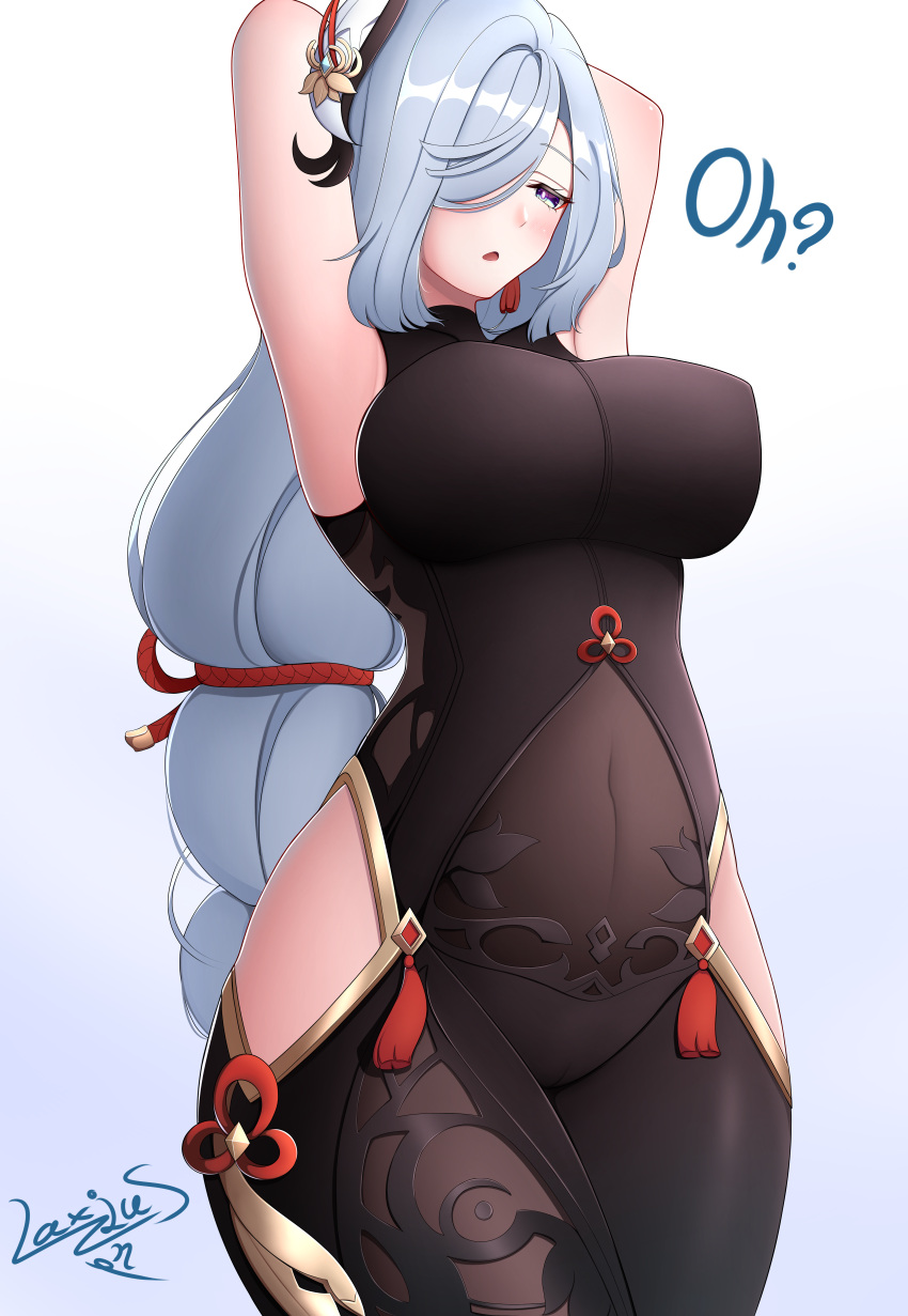 1girls absurd_res armpits arms_behind_head arms_up belly_button big_breasts black_bodysuit blue_eyes blush bodysuit braid braided_hair breasts female genshin_impact hair_ornament hair_over_one_eye hi_res highres hips huge_breasts large_breasts laxiusart long_hair looking_down midriff mouth_open open_mouth plain_background purple_eyes see-through see-through_clothing shenhe_(genshin_impact) simple_background small_waist solo text thick thick_thighs thighs waist white_background white_hair wide_hips