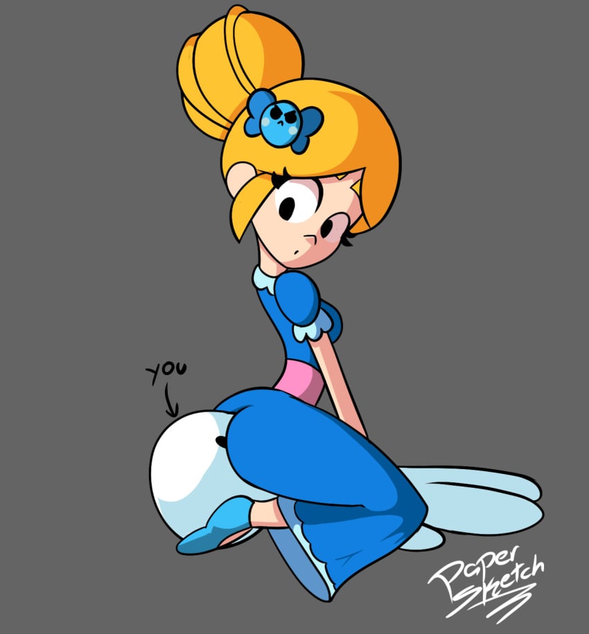 blonde_hair brawl_stars clothed clothing dress facesitting femdom looking_back luna_hombre papersketch piper_(brawl_stars) posted_by_artist sitting_on_face