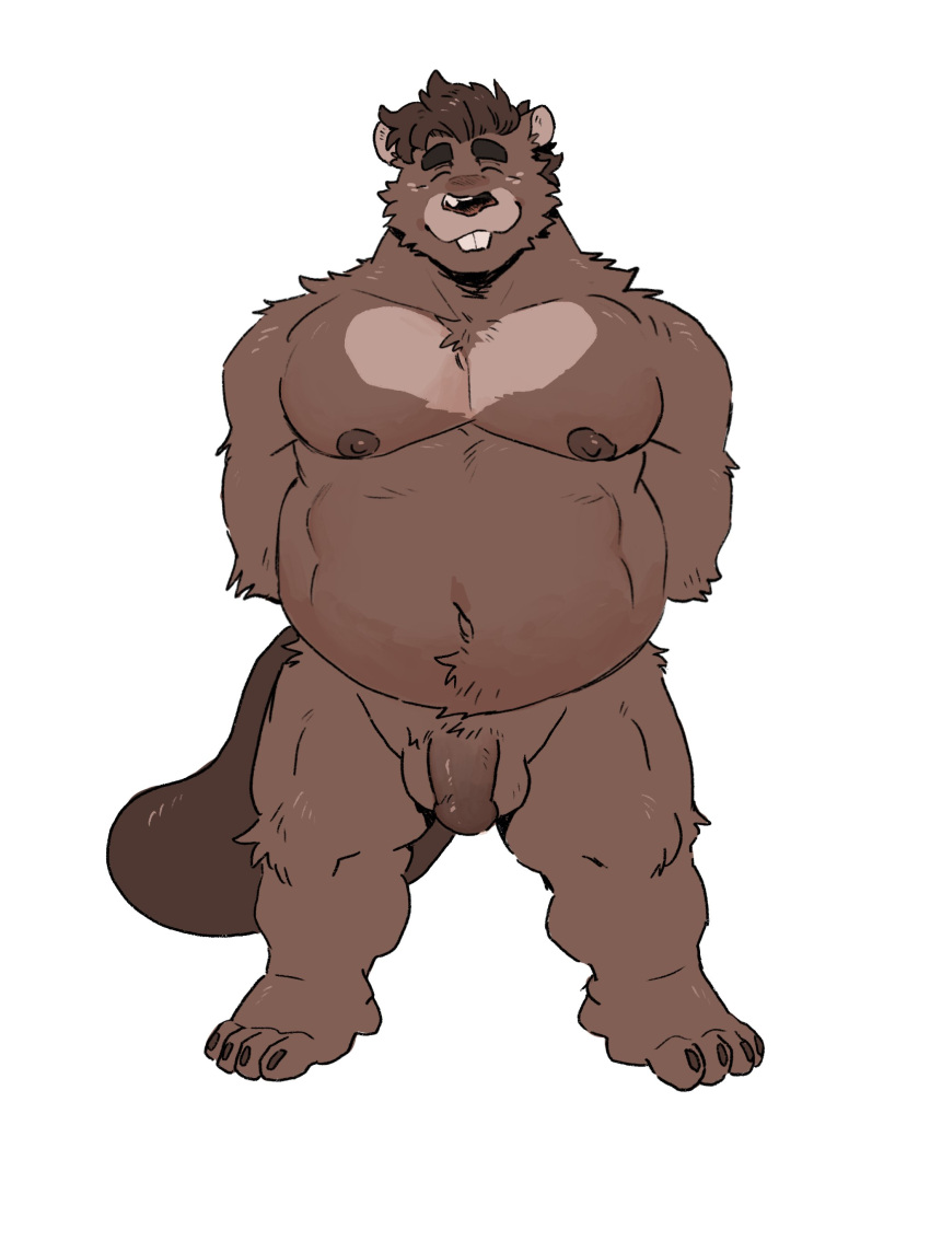 2021 absurd_res anthro bearwivme beaver belly biped brown_body brown_nose closed_eyes hi_res male mammal moobs navel nipples overweight overweight_male rodent simple_background solo white_background