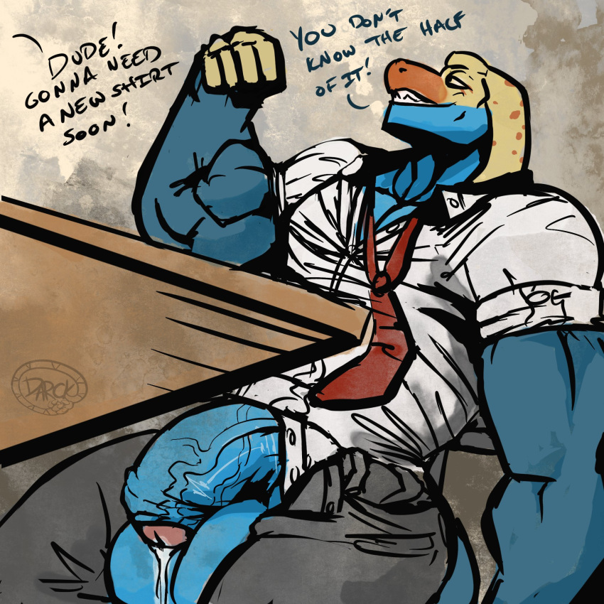 1:1 5_fingers anthro balls balls_expansion biceps big_balls big_biceps big_muscles big_penis blue_balls blue_body blue_penis blue_scales bodily_fluids bottomwear business_attire clothed clothing collared_lizard collared_shirt common_collared_lizard darckhumor deltoids desk dialogue digital_drawing_(artwork) digital_media_(artwork) dripping english_text expansion fingers flaccid flexing flexing_bicep foreskin furniture gay genital_expansion genital_fluids genital_growth genitals grin growth hi_res huge_balls huge_cock huge_muscles humanoid_genitalia humanoid_penis hyper hyper_balls hyper_genitalia hyper_penis lizard male male_only manly monroe_lehner muscular muscular_anthro muscular_arms muscular_male necktie office open_bottomwear open_clothing open_mouth open_pants open_shirt open_topwear orange_body orange_scales outgrowing_clothes pants partially_retracted_foreskin pecs penis penis_expansion penis_growth precum precum_drip precum_on_penis public public_exposure reptile scales scalie shirt simple_background sitting smile solo teeth teeth_showing text thick_penis topwear unbuttoned_shirt under_the_table unzipped vein veiny_penis yellow_body yellow_scales