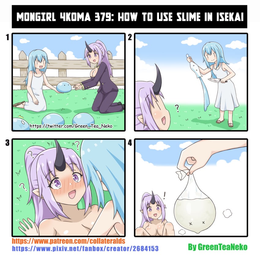 ! 1boy 1girls 4koma ? absurd_res after_sex animal_abuse asian_mythology big_breasts blue_hair blush bodily_fluids breasts cleavage clothed clothing comedy comic condom cum day deflation demon dress east_asian_mythology english_text female female_focus femboy fence filled_condom from_front_position funny genital_fluids grass greenteaneko hair hetero hi_res horn huge_breasts human humanoid humanoid_pointy_ears humor japanese_mythology kneeling knife living_condom lying male/female male_on_female mammal missionary_position mongirl_4koma mythology not_furry nude ogre on_back oni open_mouth outside outside_sex penetration plant purple_eyes purple_hair rimuru_tempest sandals sex sexual_barrier_device sexually_ignorant shion_(tensei_shitara_slime_datta_ken) slime snuff straight suit sweat tensei_shitara_slime_datta_ken text that_time_i_got_reincarnated_as_a_slime toony url water x_x yōkai