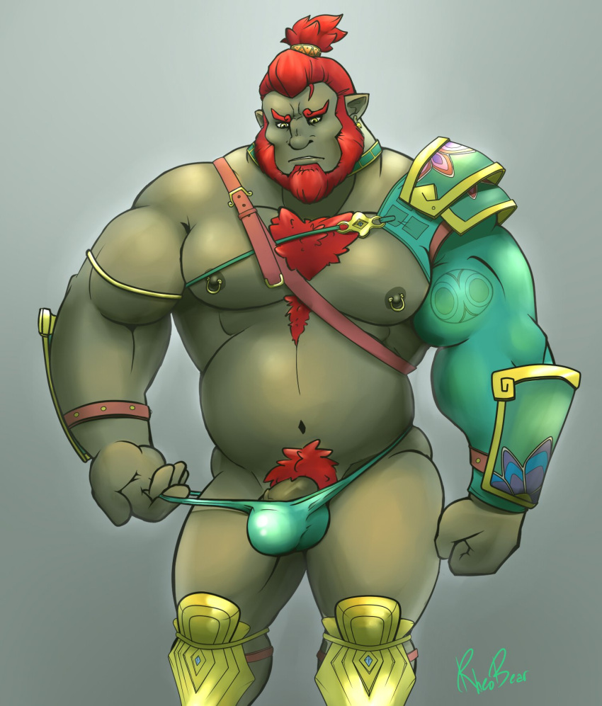 2017 5_fingers armor bara barazoku beard body_hair bulge chest_hair ear_piercing facial_hair fingers flaccid ganondorf ganondorf_(tears_of_the_kingdom) genitals gerudo green_skin hair hi_res humanoid humanoid_genitalia humanoid_hands humanoid_penis humanoid_pointy_ears male male_only muscular muscular_humanoid muscular_male nintendo nipple_piercing nipples penis penis_base piercing ponytail pubes red_hair rheobear simple_background solo standing tears_of_the_kingdom the_legend_of_zelda video_games