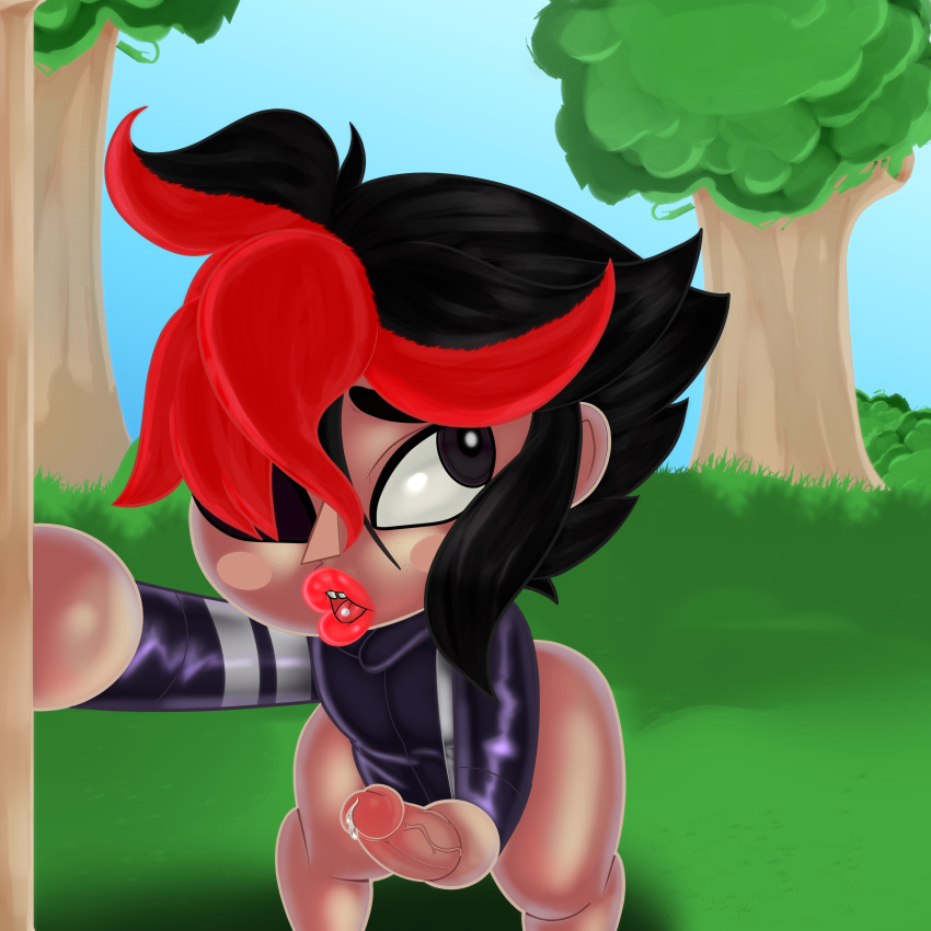 animal_crossing black_hair jerkingoff leather_jacket nintendo only_player original_character penis precum public public_exposure public_masturbation public_nudity red_hair short_hair sissy villager_(animal_crossing) whatanobody wide_hips year_request