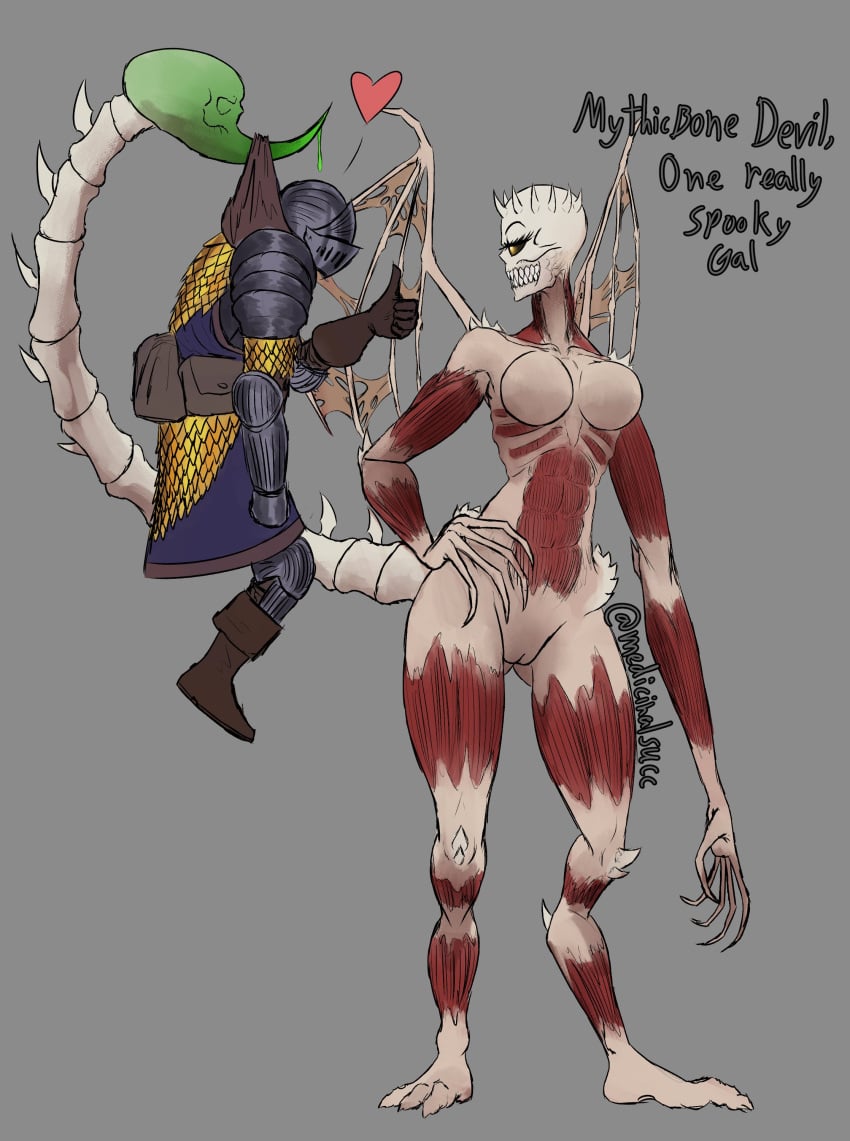 absurd_res armor bone bone_devil duo female genitals heart hi_res humanoid long_arms male medicinal_succ muscular pathfinder pussy scale_knight_(medicinalsucc) scales scorpion_tail skull stinger teeth wide_hips wings