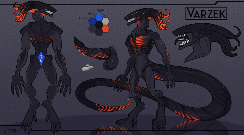 alien alien_(franchise) anthro balls english_text erection genitals hi_res hybrid kalimah male model_sheet nude penis solo standing text tongue varzek_(character) xenomorph