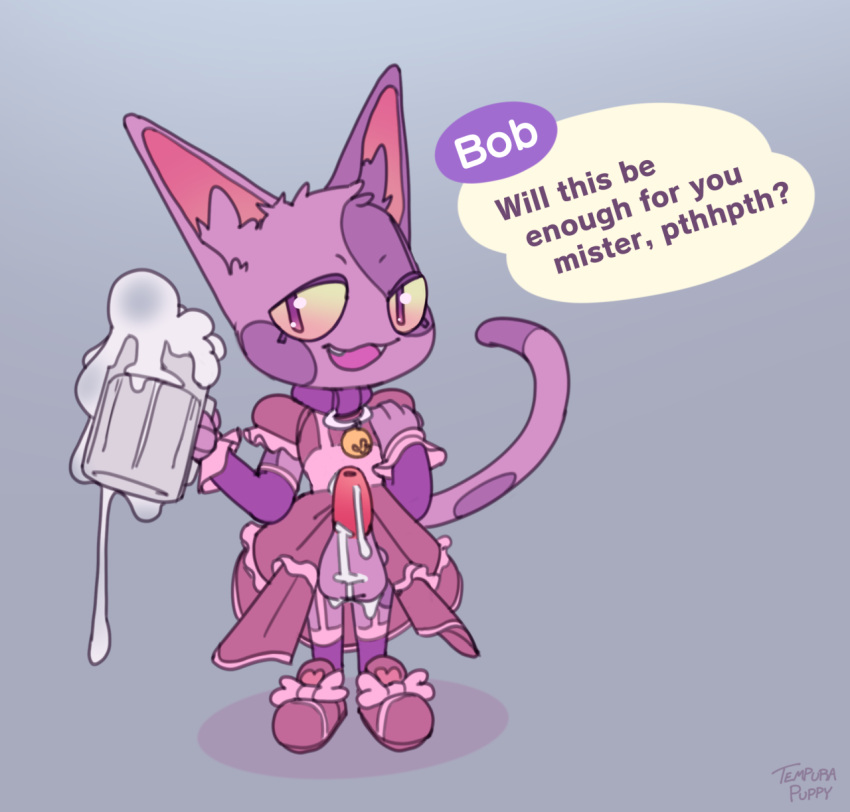 animal_crossing anthro balls biped bob_(animal_crossing) bodily_fluids clothed clothing collar cum cum_drip cum_in_a_cup cum_on_penis dialogue digital_media_(artwork) domestic_cat english_text erection excessive_cum felid feline felis fur furry furry_only genital_fluids genitals header header_box hi_res looking_at_viewer maid_uniform male male_only mammal nintendo penis pink_body pink_fur purple_body purple_fur simple_background smile solo standing tail tempura_puppy text text_header uniform video_games