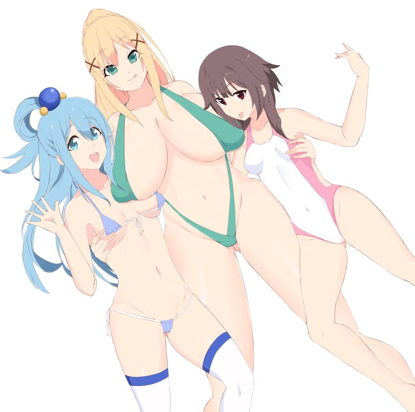 3girls aqua_(konosuba) big_breasts bikini blonde_hair blue_eyes blue_hair breasts brown_hair darkness_(konosuba) female female_only huge_breasts kono_subarashii_sekai_ni_shukufuku_wo! looking_at_viewer medium_breasts megumin micro_bikini red_eyes small_breasts sombra222 standing thick_thighs thighhighs thighs white_background