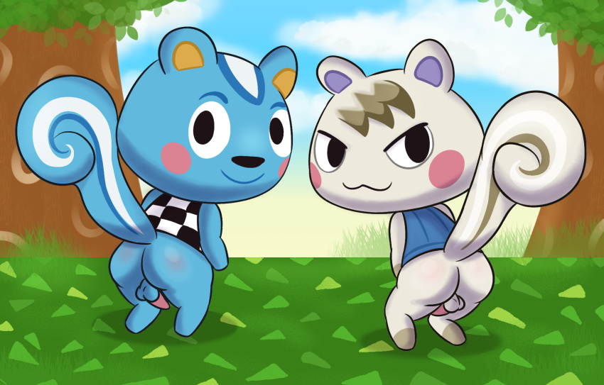 2boys :3 animal_crossing anthro ass backsack balls blue_body blue_fur blush bottomless clothed clothing duo erection filbert_(animal_crossing) fur furry furry_only genitals hi_res looking_back male male_only mammal marshal_(animal_crossing) mincheeto nintendo outside penis plant presenting rodent sciurid tail tree tree_squirrel video_games white_body white_fur