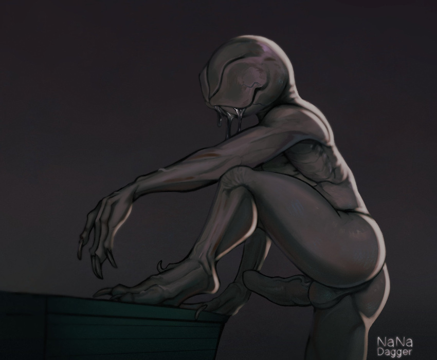 1boy anthro ass balls bodily_fluids bottomless claws clothed clothing dead_by_daylight demogorgon drooling erection eyeless eyeless_male fingers genitals grey_body hi_res humanoid looking_at_viewer male male_demogorgon_(stranger_things) male_only monster monstrous_humanoid nanadagger netflix nude penis pose presenting presenting_hindquarters saliva solo standing stranger_things