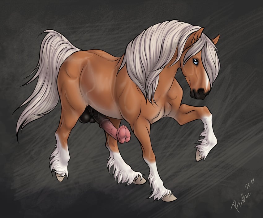 absurd_res anatomically_correct anatomically_correct_genitalia anatomically_correct_penis animal_genitalia animal_penis balls big_flare blue_eyes dolehest equid equine equine_penis erection feral flared_penis genitals hair hi_res hooves horse male mammal maxym_(bloopertrooper) penis rufciu simple_background solo