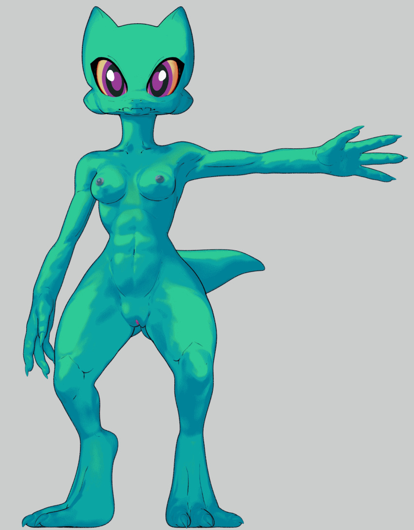 3d_(artwork) 4_fingers animated anthro bald breasts claws digital_media_(artwork) feet female fingers genitals green_body hi_res horn kobold kobold_adventure looking_at_viewer loop moe_(kobold_adventure) nude pussy short_playtime simple_background solo unknown_artist