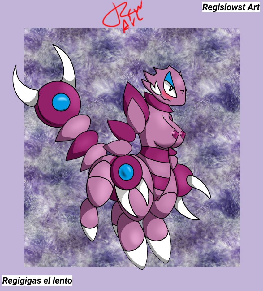 2021 anthro arthropod blush breasts claws drapion female genitals hi_res insects nintendo nipples pokémon_(species) pokemon pussy regislowstart signature simple_background solo spikes video_games