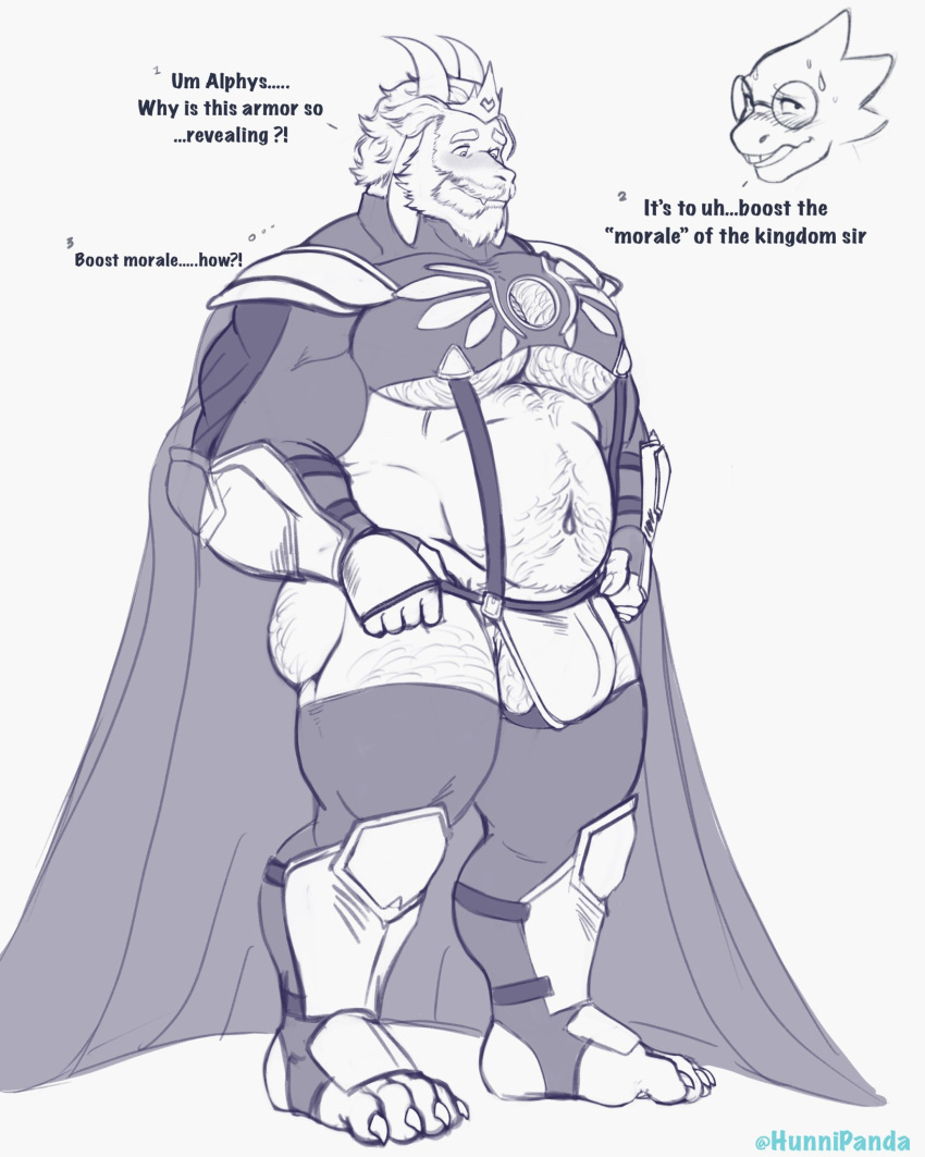 1boy 1boy1girl 1girls 2021 alphys anthro anthro_focus armor armwear asgore_dreemurr balls bara bara_tits beard big_bulge big_chest big_muscles big_pecs big_pectorals blush bodily_fluids body_hair boss_monster bovid buckle_straps bulge cape caprine chest chest_hair clothing crown dialogue duo english_text eyewear facial_hair female fingerless_gloves footwear fur genitals glasses gloves goat hair handwear happy_trail hi_res horn horns humanoid hunnipanda legwear lizard male male_focus male_only mammal monochrome musclegut muscles muscular muscular_anthro muscular_arms muscular_humanoid muscular_legs muscular_male navel pecs pectorals pubes reptile scalie shoulder_pads simple_background smile solo_focus standing straps suspenders sweat sweatdrop text thick_thighs thigh_highs thong toeless_footwear translucent_clothing unconvincing_armor undertale undertale_(series) underwear url video_games white_background yaoi_with_female_audience