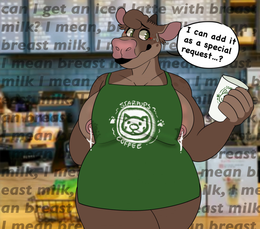 anthro anthro_only apron apron_only big_breasts bodily_fluids bovid bovine breasts cattle clothing female furry_only green_apron i_mean_breast_milk iced_latte_with_breast_milk lactating lips looking_at_viewer mammal meme mostly_nude nipples solo sstinkies starbucks thick_bottom_lip