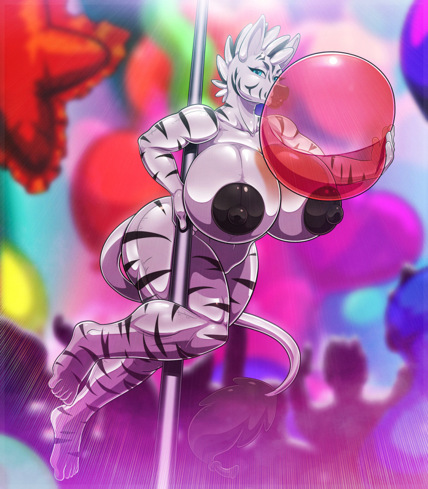 animate_inanimate anthro ass balloon balloon_fetish big_breasts big_butt black_nipples black_stripes blue_eyes blurred_background breasts dancing equid equine female hi_res huge_breasts huge_butt inflatable living_balloon living_inflatable looking_at_viewer mammal nipples nude pole pole_dancing pool_toy rubber shiny_(disambiguation) solo striped_body stripes stripper stripper_pole thick_thighs toy tridark white_body zebra